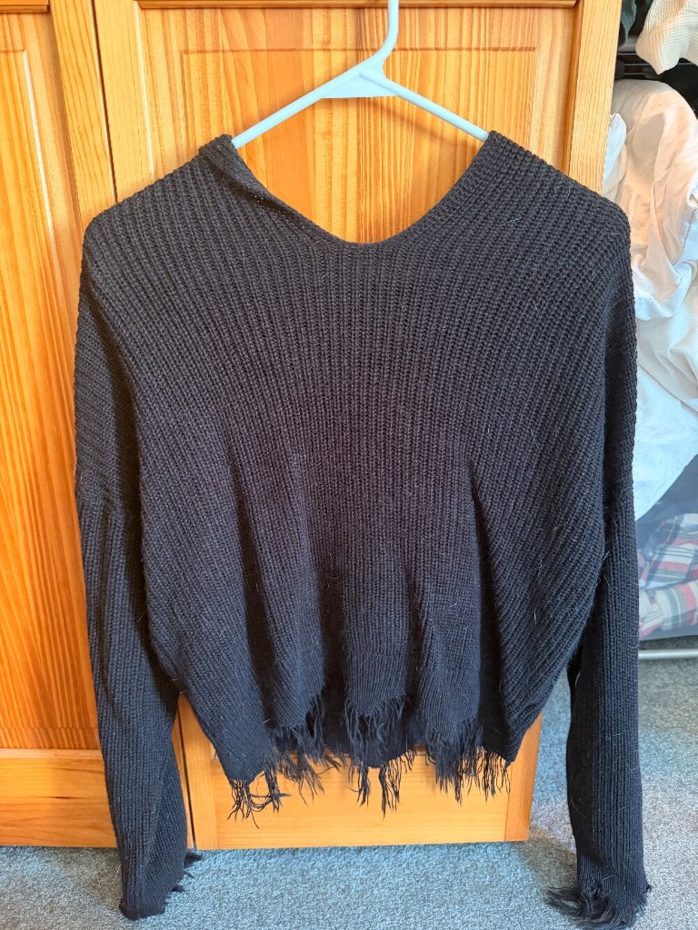 Black frayed hooded crop sweater